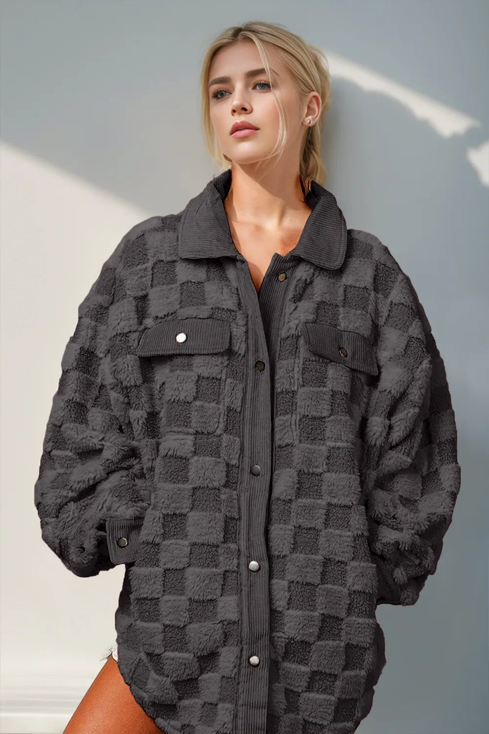 Double Take Button Up Fuzzy Checkered Shacket - D.T line