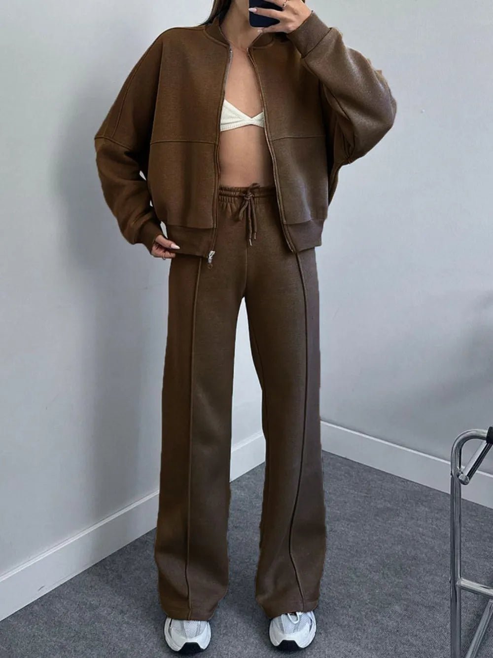 Baseball Collar Zip Up Top and Drawstring Paants Set - D.T line