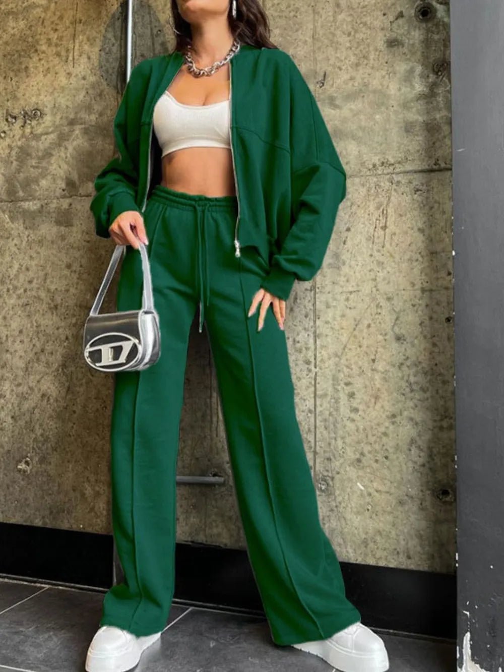 Baseball Collar Zip Up Top and Drawstring Paants Set - D.T line