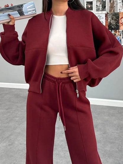 Baseball Collar Zip Up Top and Drawstring Paants Set - D.T line