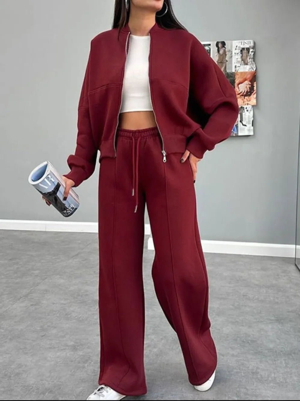 Baseball Collar Zip Up Top and Drawstring Paants Set - D.T line