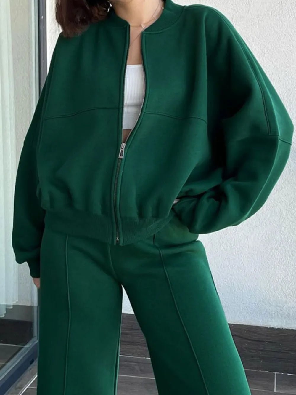 Baseball Collar Zip Up Top and Drawstring Paants Set - D.T line