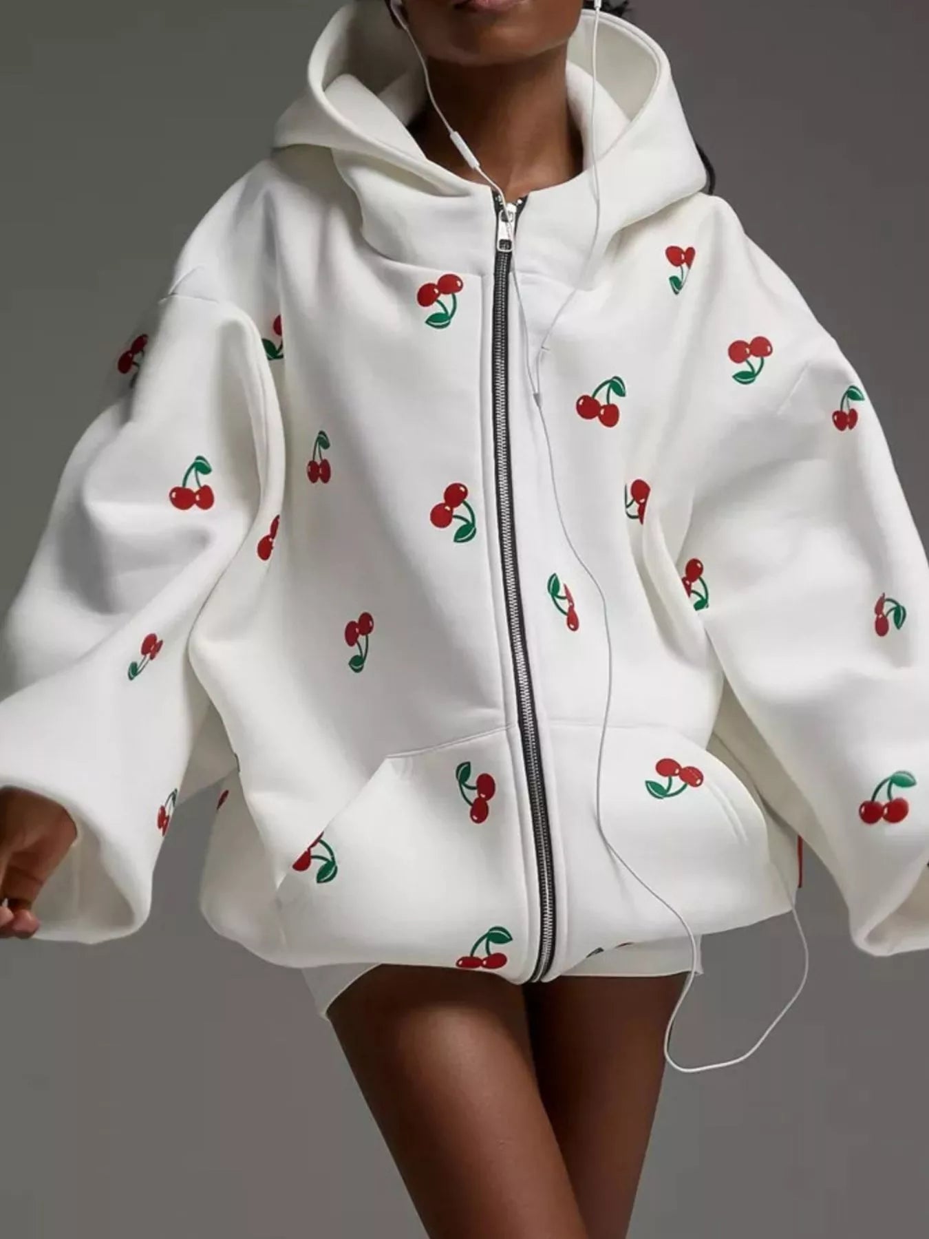 Cherry Print Oversized Zip - Up Hoodie - D.T line