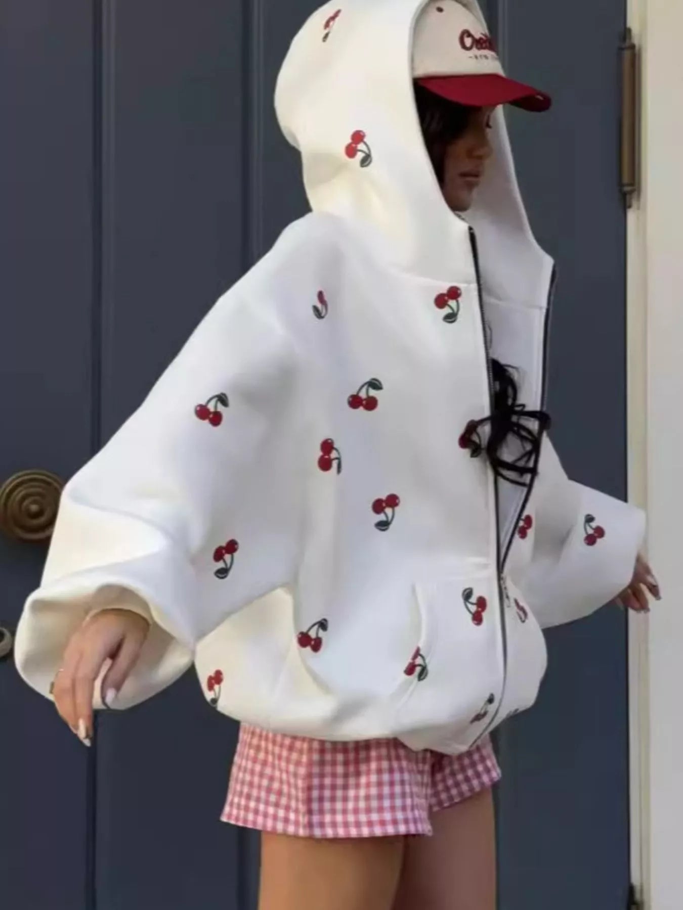 Cherry Print Oversized Zip - Up Hoodie - D.T line