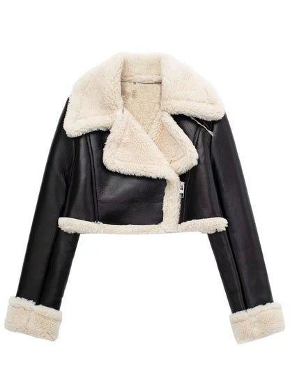 Collared Neck Long Sleeve Plush Cropped Jacket - D.T line