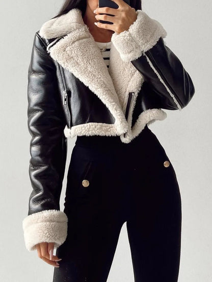 Collared Neck Long Sleeve Plush Cropped Jacket - D.T line