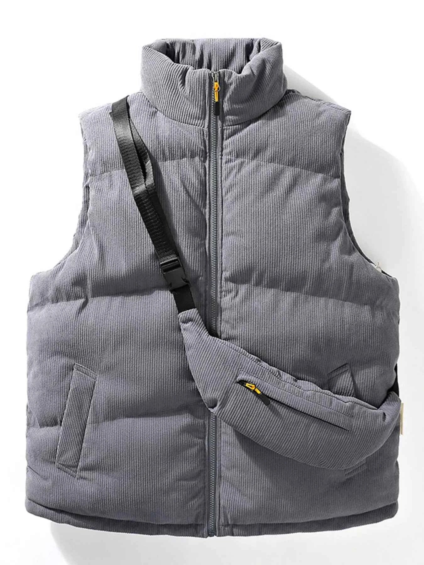 Men's Plus Size Corduroy Padded Vest with Chest Bag 2-Piece Set