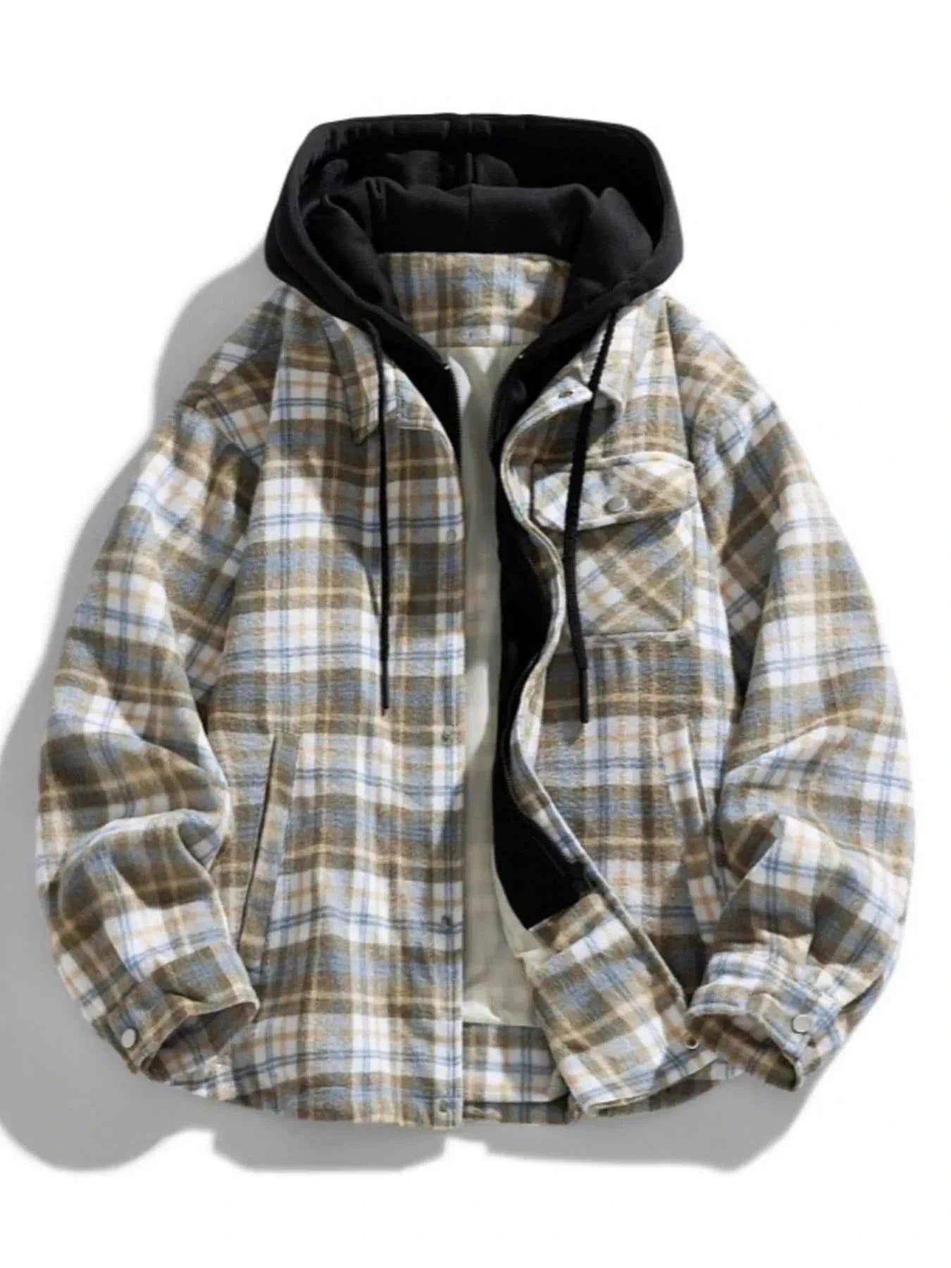 Men's Plus Size Drawstring Hooded Plaid Shirt Jacket - D.T line