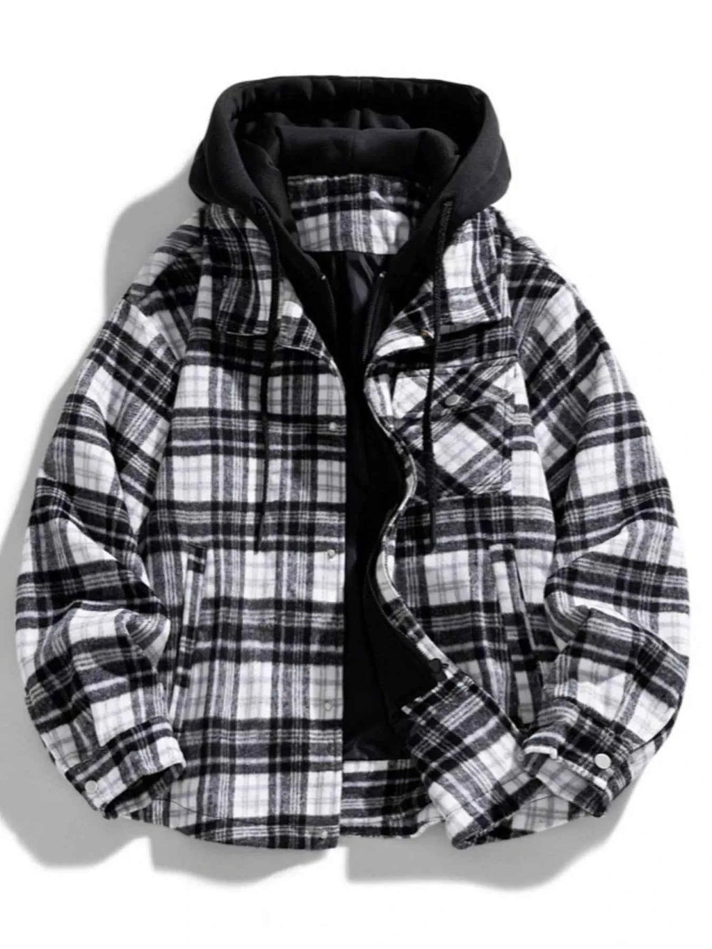Men's Plus Size Drawstring Hooded Plaid Shirt Jacket - D.T line