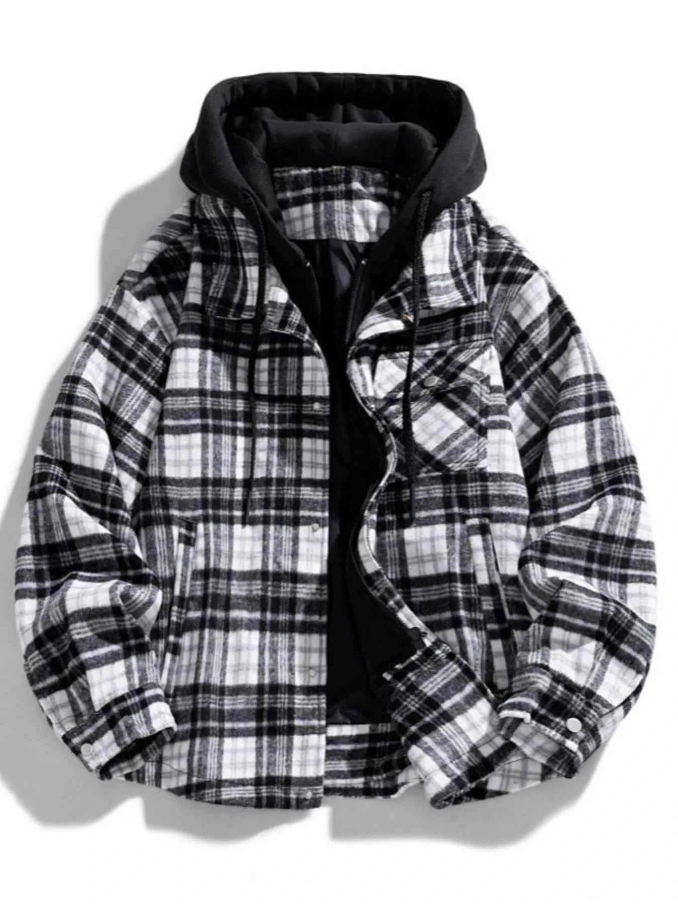 Men's Plus Size Drawstring Hooded Plaid Shirt Jacket - D.T line