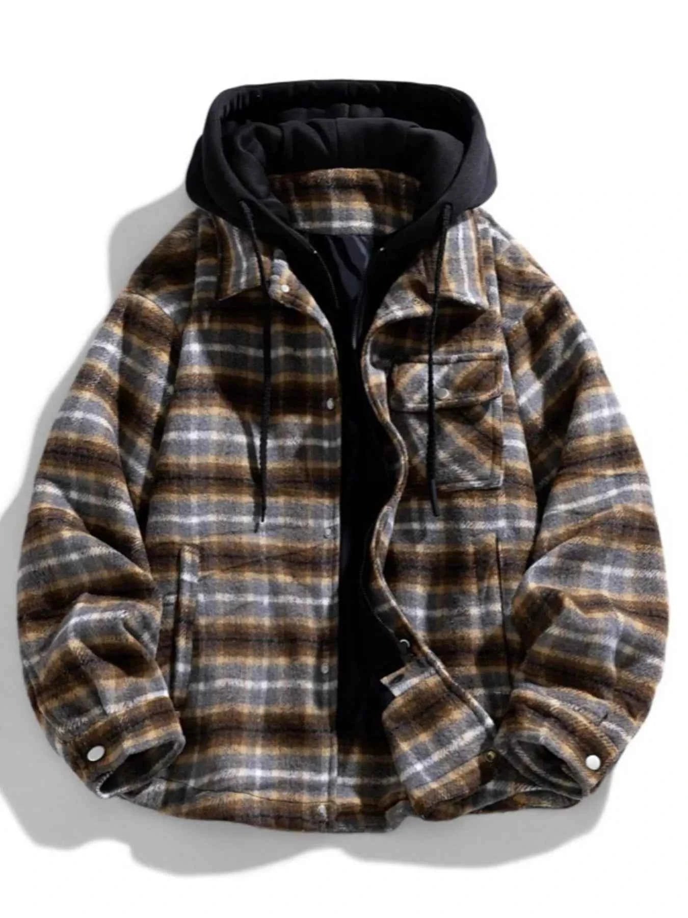 Men's Plus Size Drawstring Hooded Plaid Shirt Jacket - D.T line