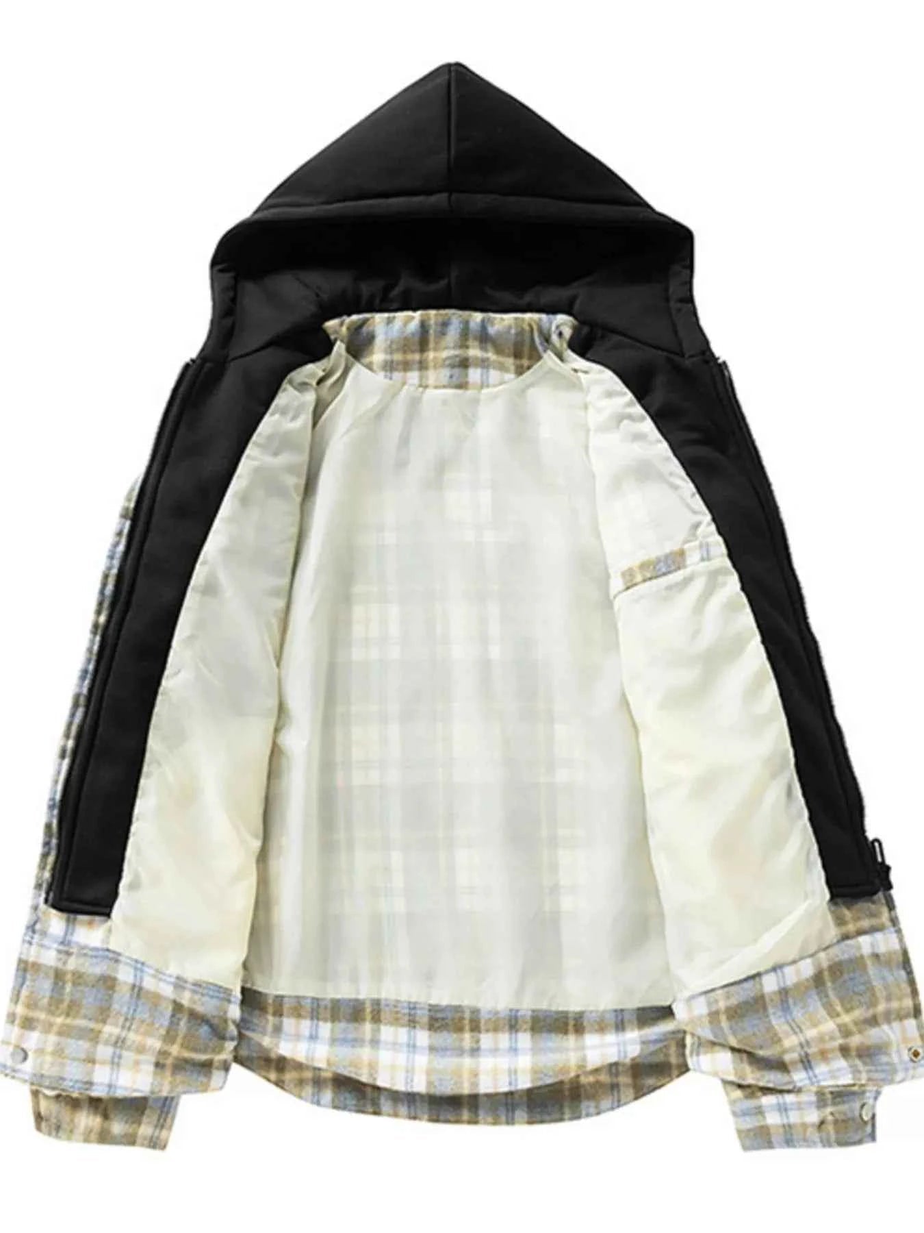 Men's Plus Size Drawstring Hooded Plaid Shirt Jacket - D.T line