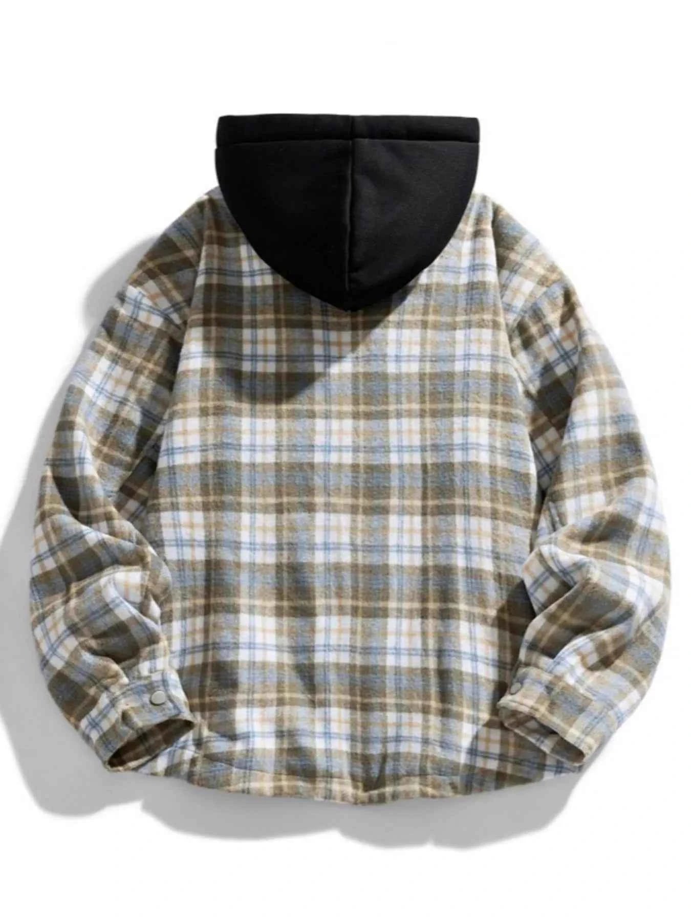 Men's Plus Size Drawstring Hooded Plaid Shirt Jacket - D.T line